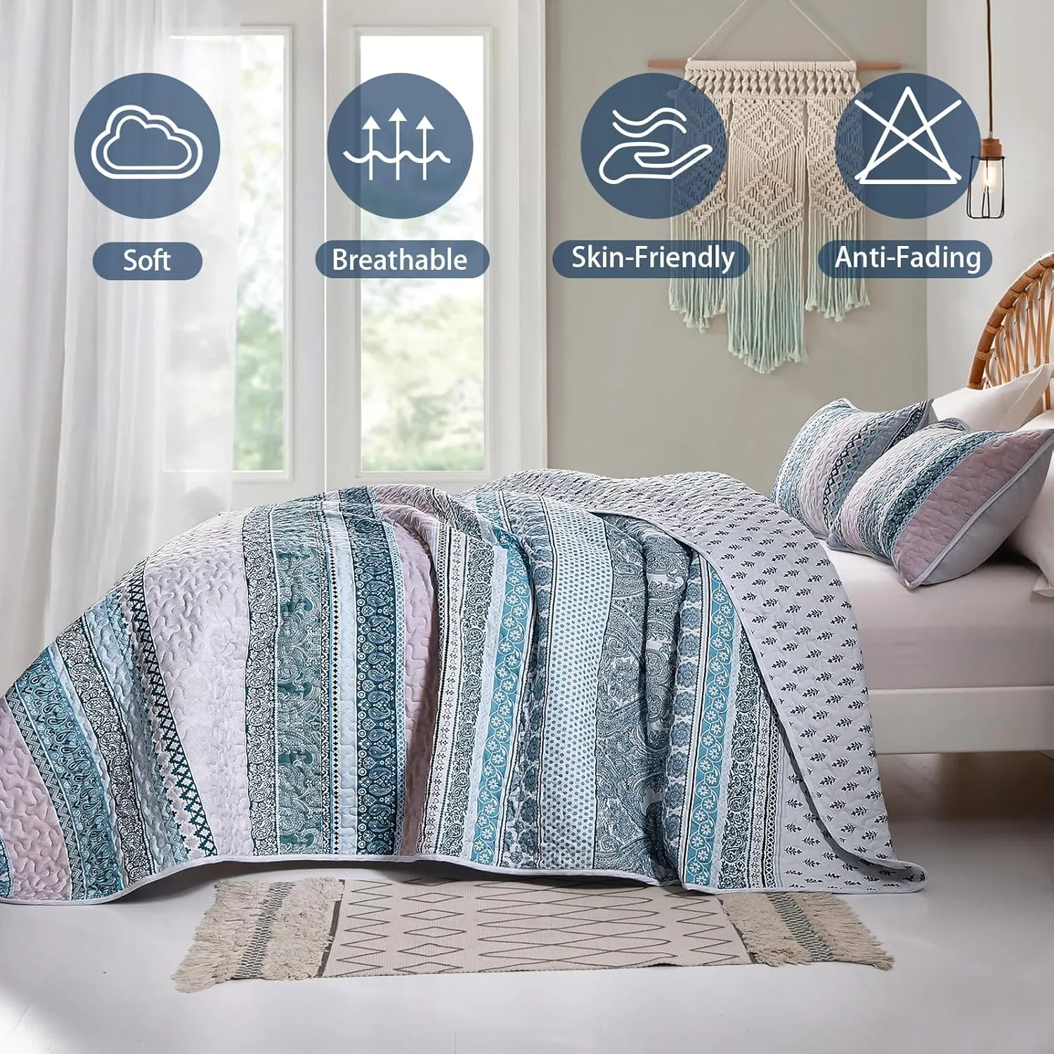 WONGS BEDDING Boho Quilt Set Queen Size,Blue Bohemian 3 Pieces Quilt Sets, Lightweight Bedspread Coverlet Bedding Set for All Season (96"x90")