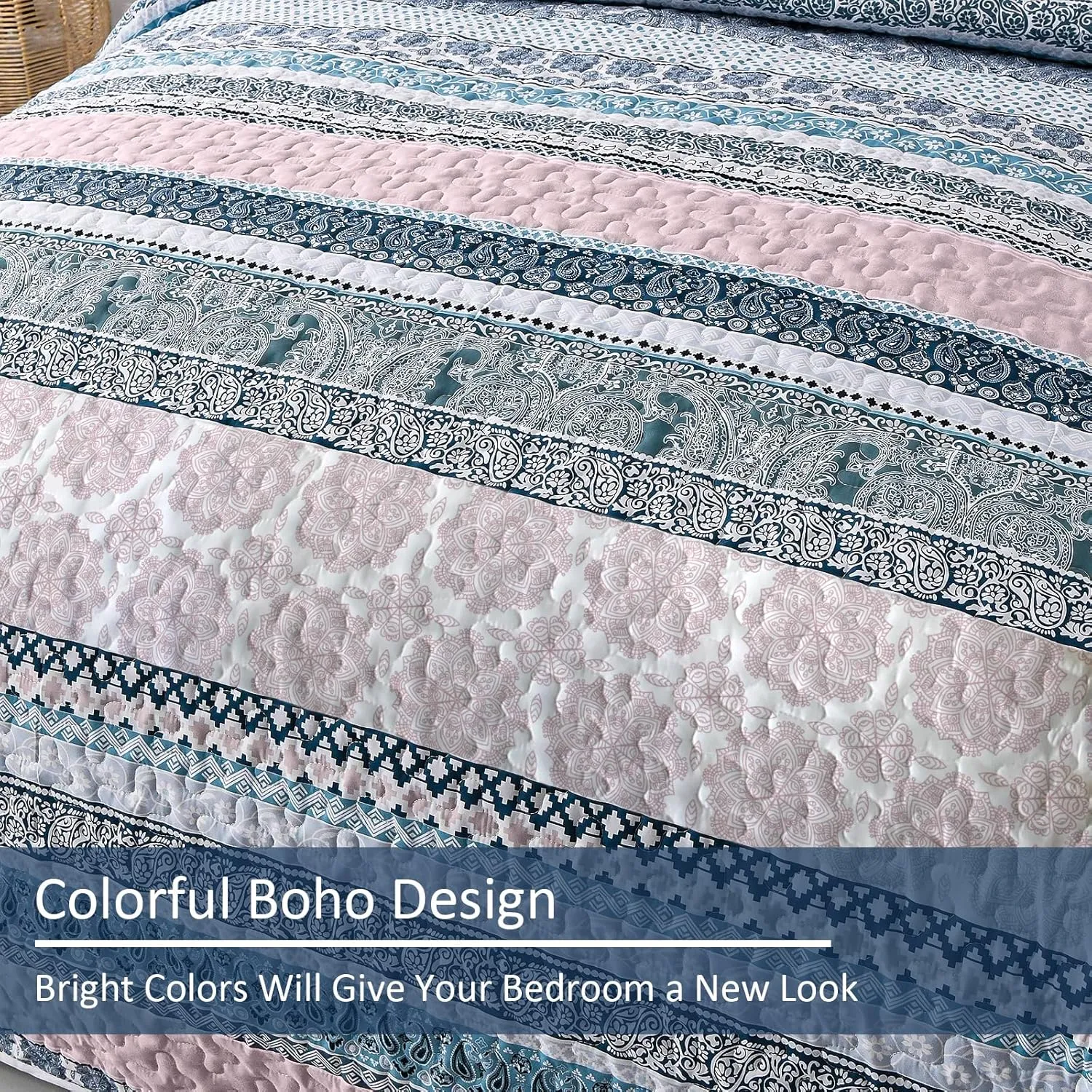 WONGS BEDDING Boho Quilt Set Queen Size,Blue Bohemian 3 Pieces Quilt Sets, Lightweight Bedspread Coverlet Bedding Set for All Season (96"x90")