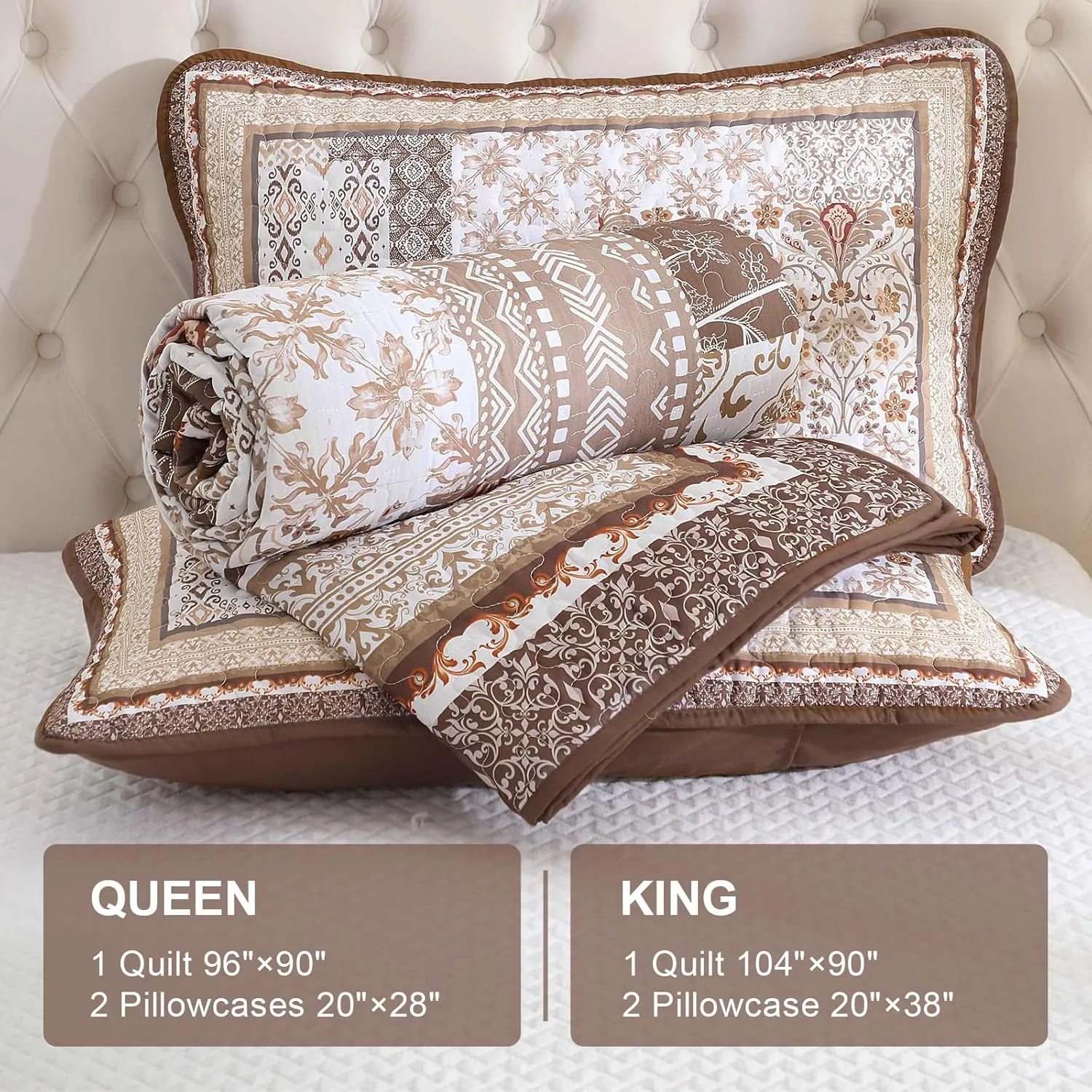 WONGS BEDDING Brown Quilt Set King Size, Boho Floral Pattern Bedspread Coverlet Set, Bohemian Patchwork Bedspreads Bedding Quilt Set for All Seasons (104"x90")