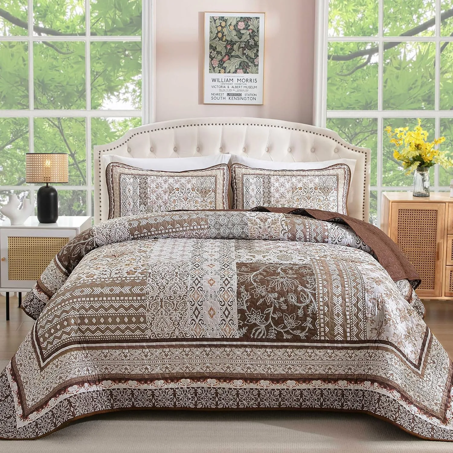 WONGS BEDDING Brown Quilt Set King Size, Boho Floral Pattern Bedspread Coverlet Set, Bohemian Patchwork Bedspreads Bedding Quilt Set for All Seasons (104"x90")
