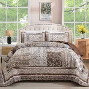 WONGS BEDDING Brown Quilt Set King Size, Boho Floral Pattern Bedspread Coverlet Set, Bohemian Patchwork Bedspreads Bedding Quilt Set for All Seasons (104"x90")