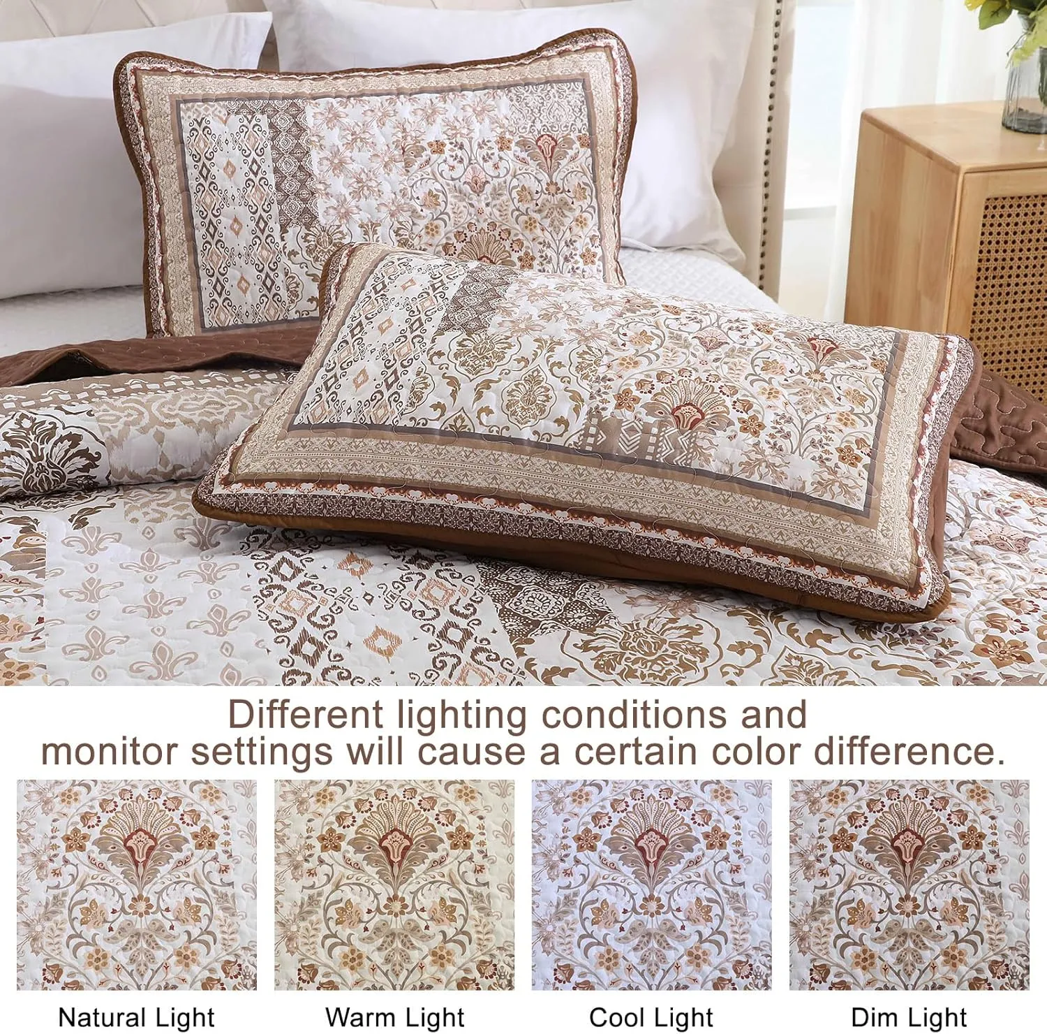 WONGS BEDDING Brown Quilt Set King Size, Boho Floral Pattern Bedspread Coverlet Set, Bohemian Patchwork Bedspreads Bedding Quilt Set for All Seasons (104"x90")