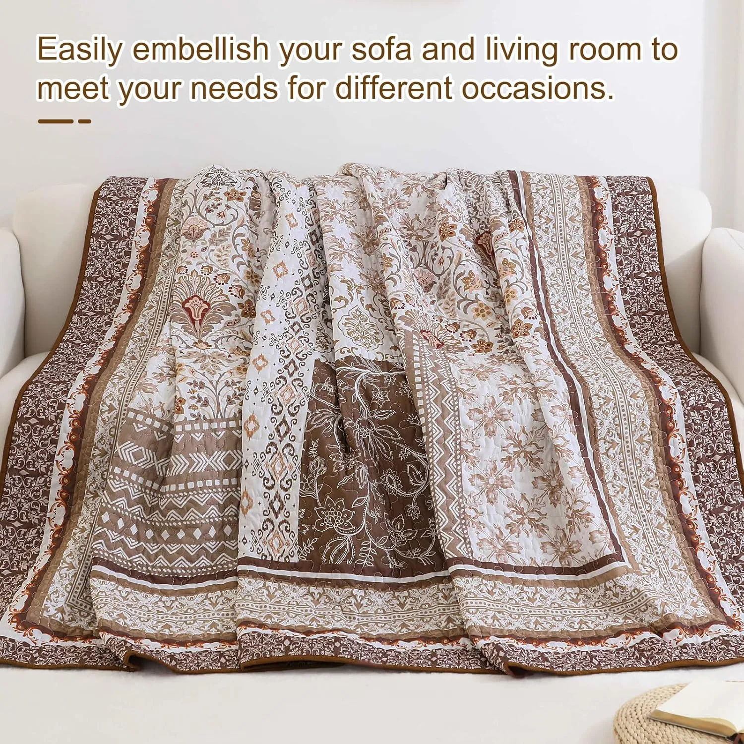 WONGS BEDDING Brown Quilt Set King Size, Boho Floral Pattern Bedspread Coverlet Set, Bohemian Patchwork Bedspreads Bedding Quilt Set for All Seasons (104"x90")