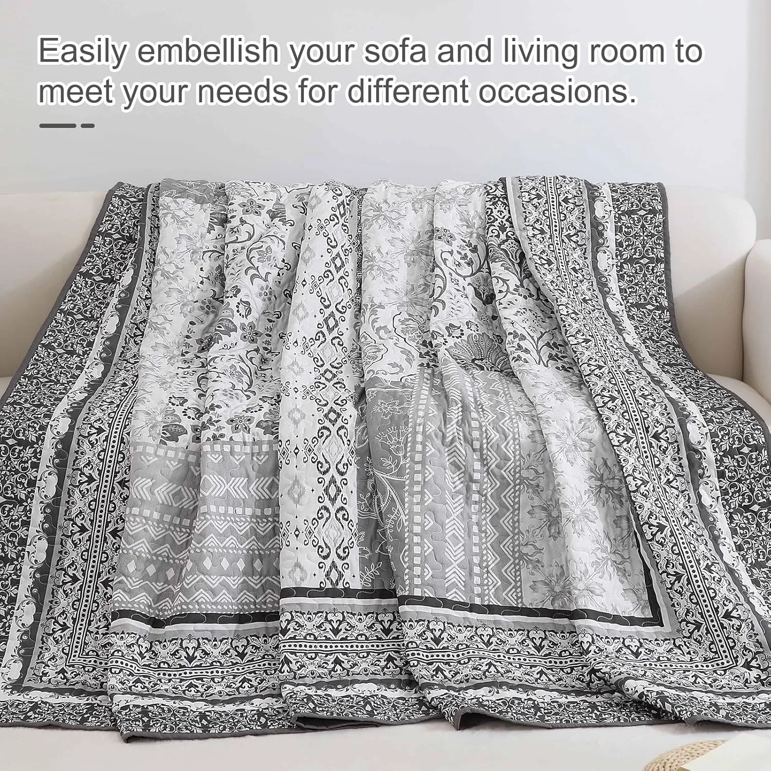 WONGS BEDDING Grey Quilt Set King Size,Bohemian Floral Patchwork Bedspread Coverlet Set, Soft 3 Pieces Boho Bedspreads Bedding Quilt Set for All Seasons (104"x90")