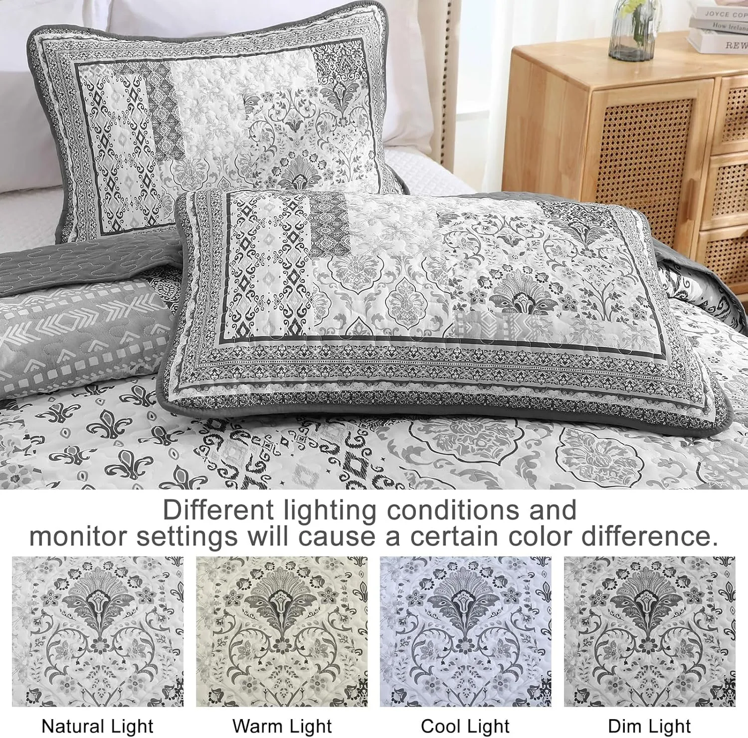 WONGS BEDDING Grey Quilt Set King Size,Bohemian Floral Patchwork Bedspread Coverlet Set, Soft 3 Pieces Boho Bedspreads Bedding Quilt Set for All Seasons (104"x90")