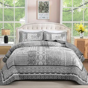 WONGS BEDDING Grey Quilt Set King Size,Bohemian Floral Patchwork Bedspread Coverlet Set, Soft 3 Pieces Boho Bedspreads Bedding Quilt Set for All Seasons (104"x90")