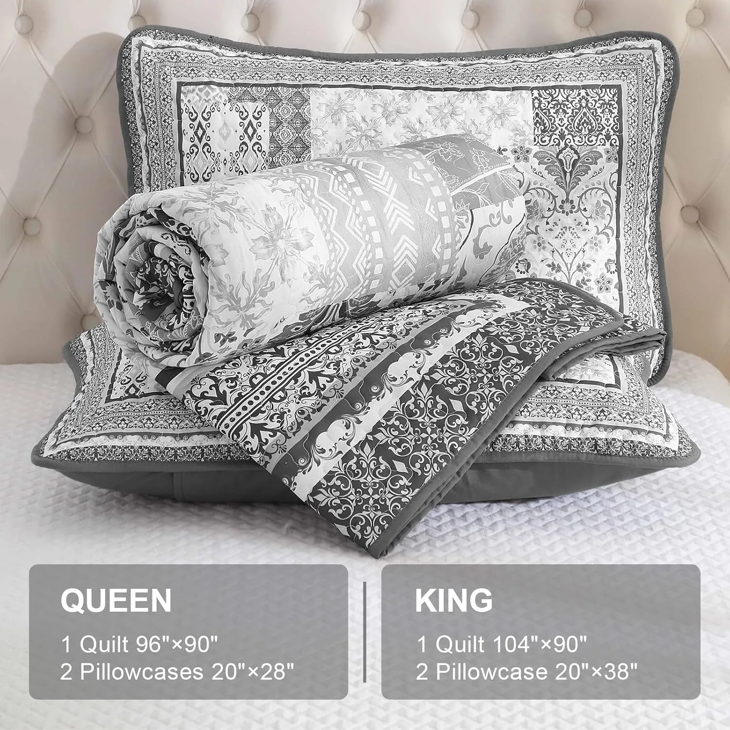WONGS BEDDING Grey Quilt Set King Size,Bohemian Floral Patchwork Bedspread Coverlet Set, Soft 3 Pieces Boho Bedspreads Bedding Quilt Set for All Seasons (104"x90")