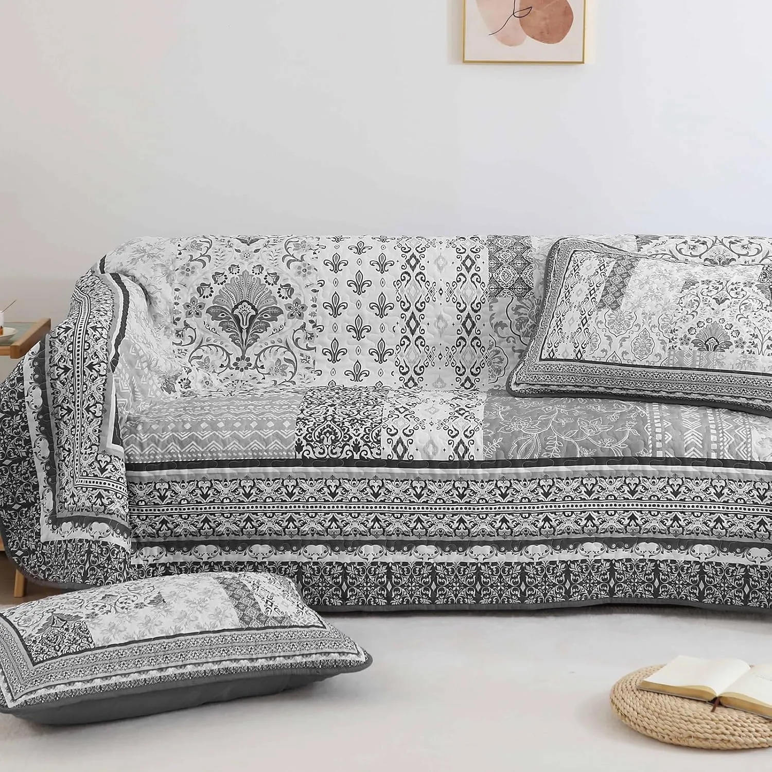 WONGS BEDDING Grey Quilt Set King Size,Bohemian Floral Patchwork Bedspread Coverlet Set, Soft 3 Pieces Boho Bedspreads Bedding Quilt Set for All Seasons (104"x90")