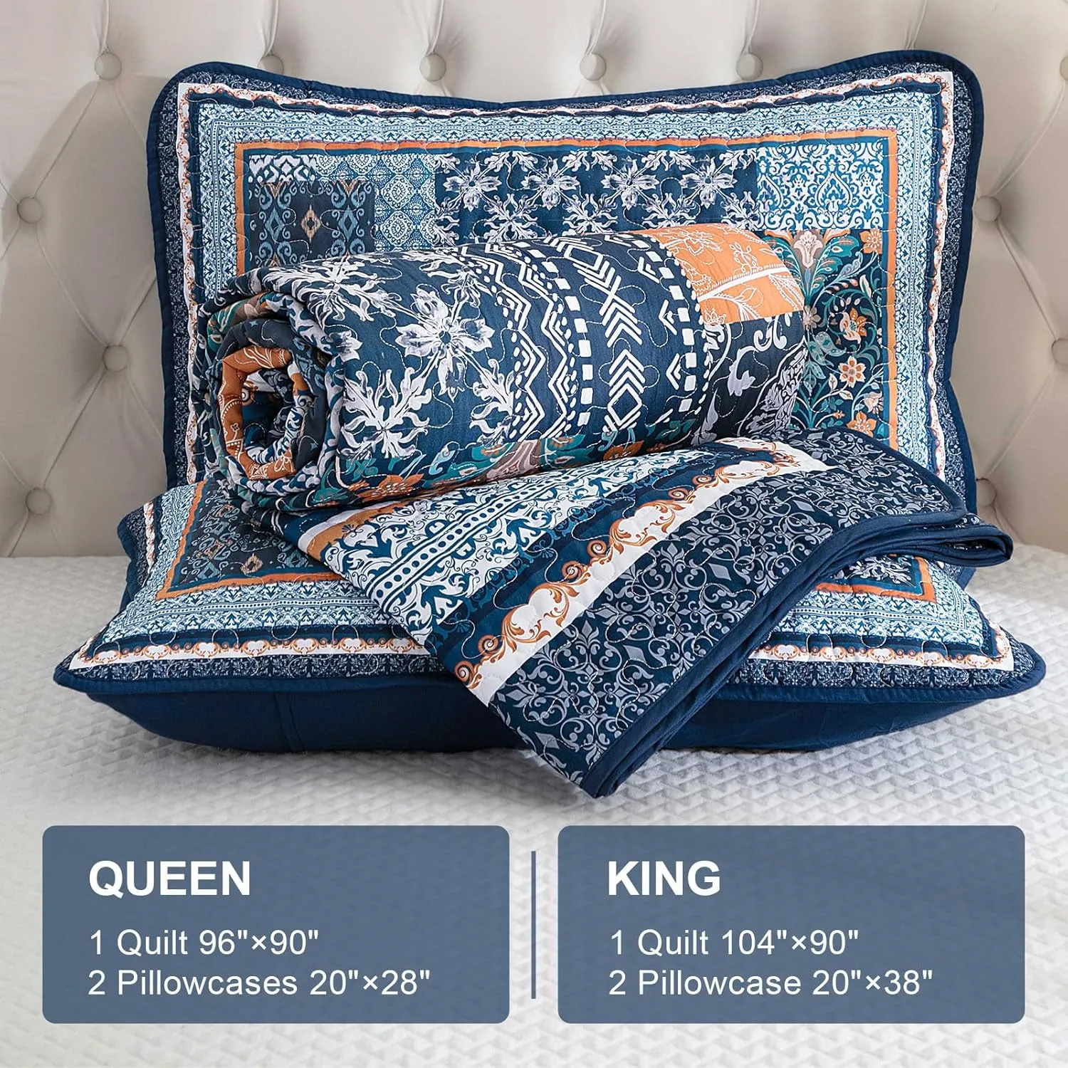 WONGS BEDDING Navy Blue Quilt Set King Size,Bohemian Patchwork Bedspread Coverlet Set, Reversible Farmhouse Floral Pattern Bedspreads Bedding Set for All Seasons (104"x90")