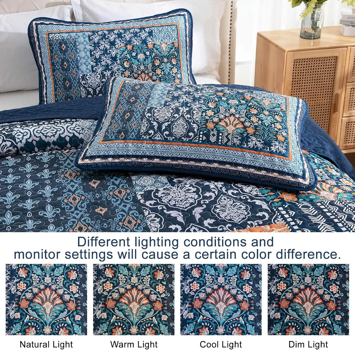 WONGS BEDDING Navy Blue Quilt Set King Size,Bohemian Patchwork Bedspread Coverlet Set, Reversible Farmhouse Floral Pattern Bedspreads Bedding Set for All Seasons (104"x90")