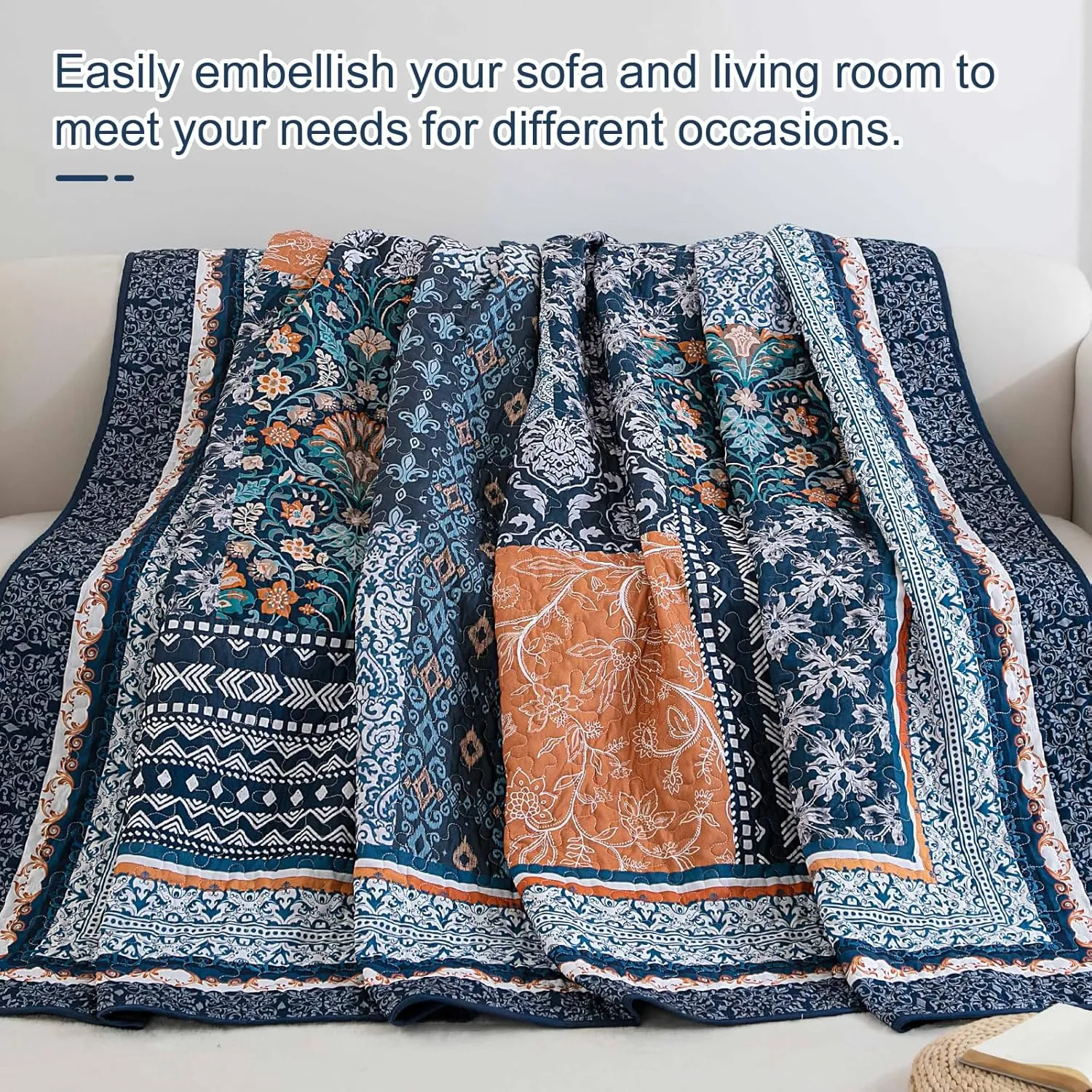 WONGS BEDDING Navy Blue Quilt Set King Size,Bohemian Patchwork Bedspread Coverlet Set, Reversible Farmhouse Floral Pattern Bedspreads Bedding Set for All Seasons (104"x90")