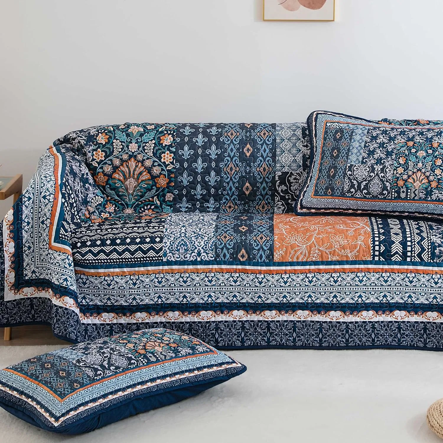 WONGS BEDDING Navy Blue Quilt Set King Size,Bohemian Patchwork Bedspread Coverlet Set, Reversible Farmhouse Floral Pattern Bedspreads Bedding Set for All Seasons (104"x90")