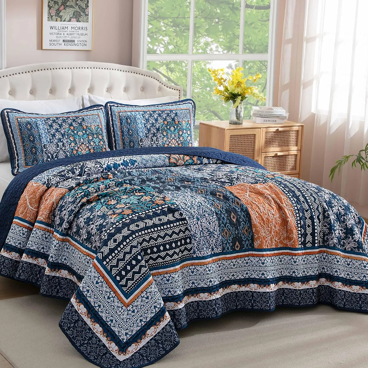 WONGS BEDDING Navy Blue Quilt Set King Size,Bohemian Patchwork Bedspread Coverlet Set, Reversible Farmhouse Floral Pattern Bedspreads Bedding Set for All Seasons (104"x90")