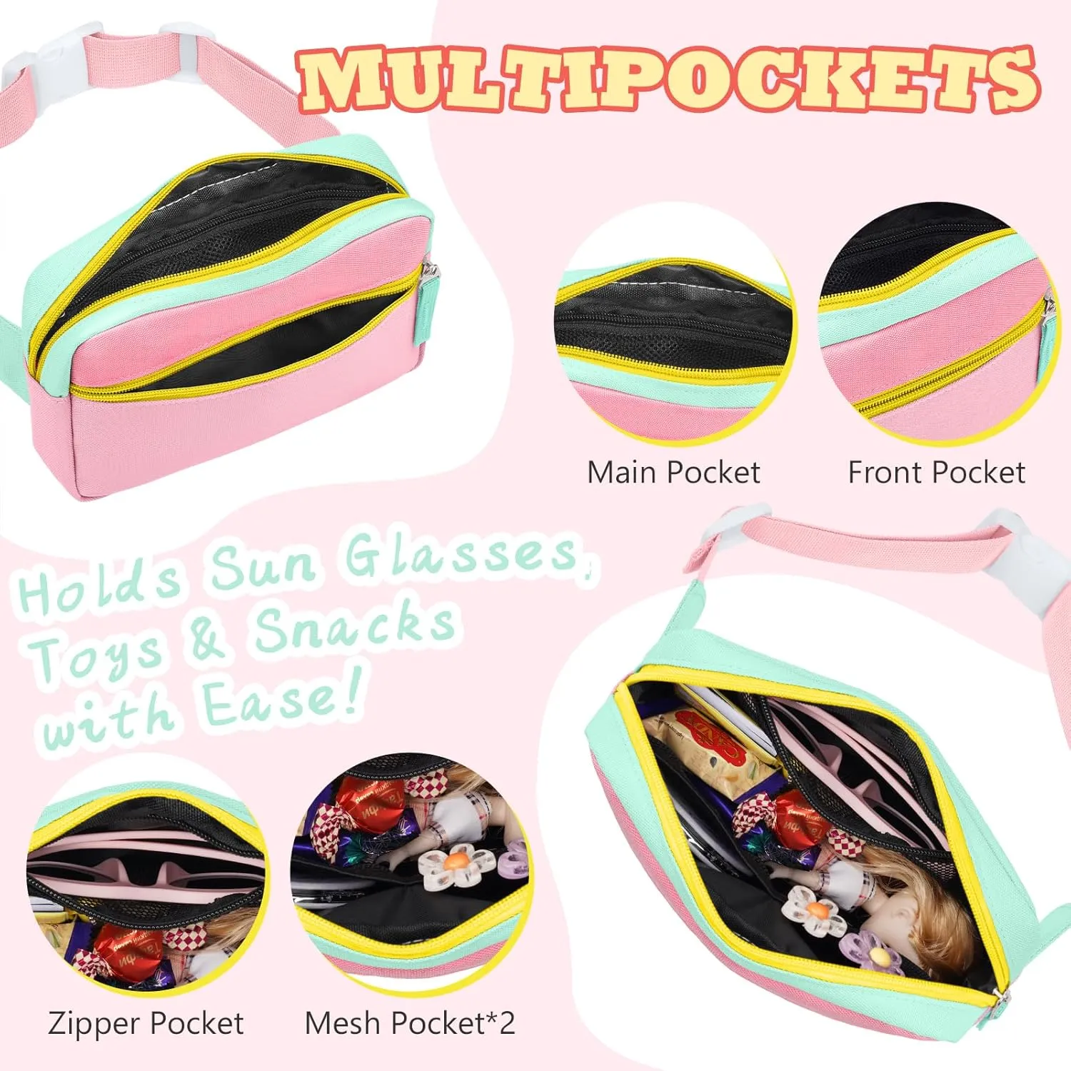 WOOMADA Fanny Pack, Crossbody Bag Waist Bag with Adjustable Waistband, Cute Belt Bag for Gifts(Turquoise&Pink)