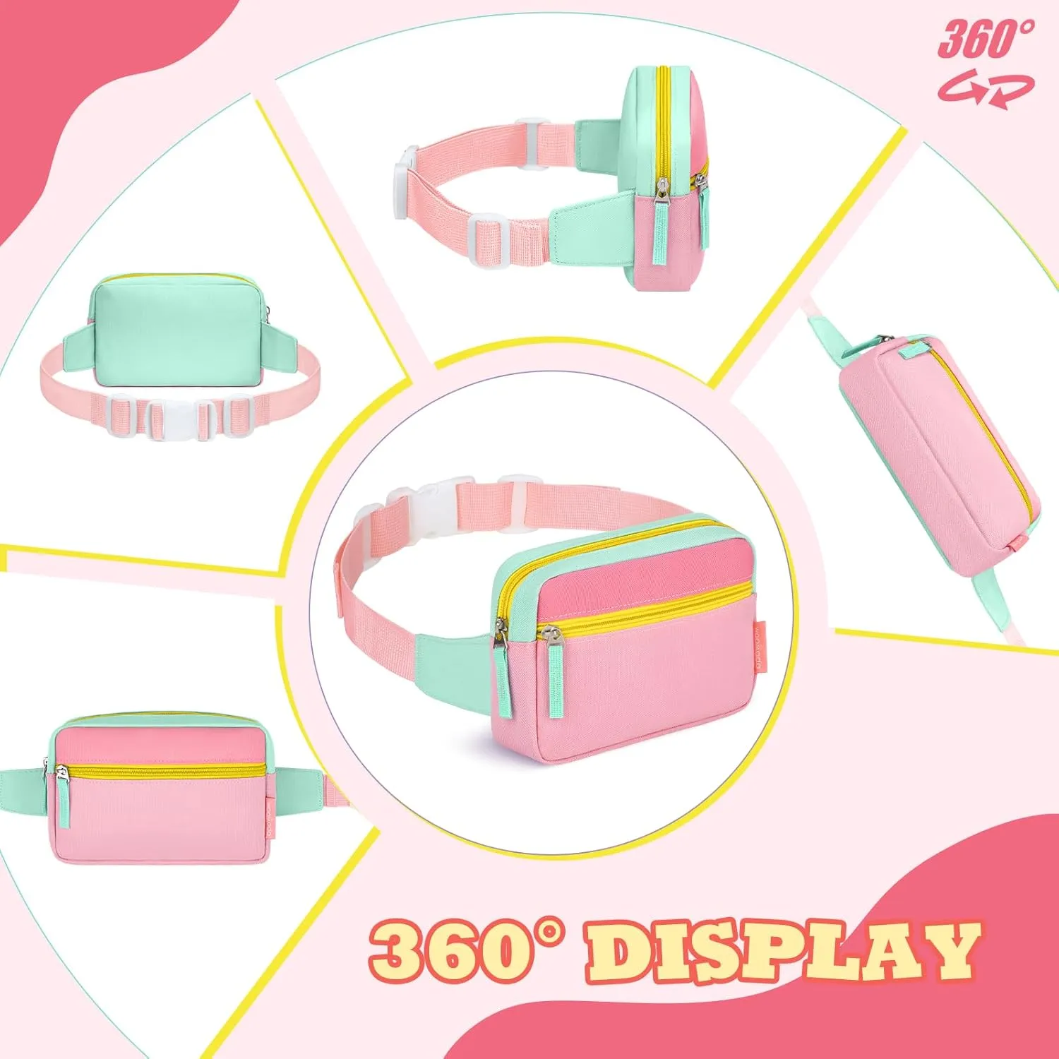 WOOMADA Fanny Pack, Crossbody Bag Waist Bag with Adjustable Waistband, Cute Belt Bag for Gifts(Turquoise&Pink)