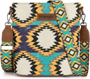 Wrangler Aztec Crossbody Bag for Women Southwestern Print Canvas Shoulder Purse with Distressed Look and Adjustable Strap