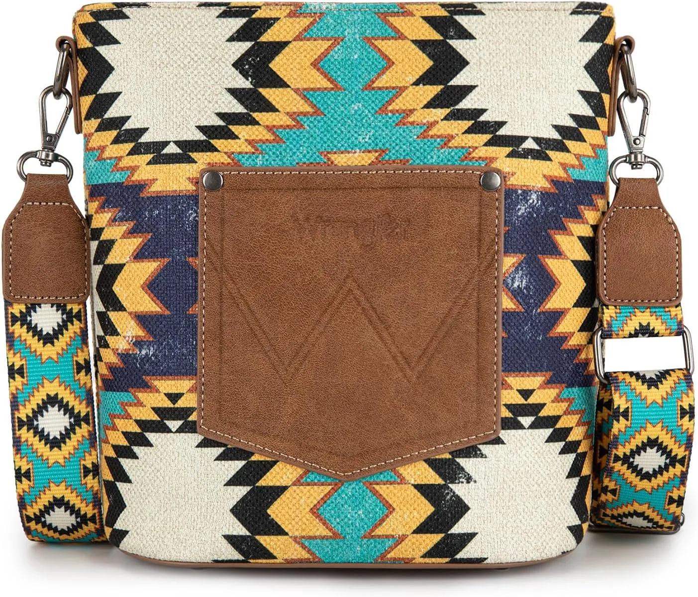 Wrangler Aztec Crossbody Bag for Women Southwestern Print Canvas Shoulder Purse with Distressed Look and Adjustable Strap