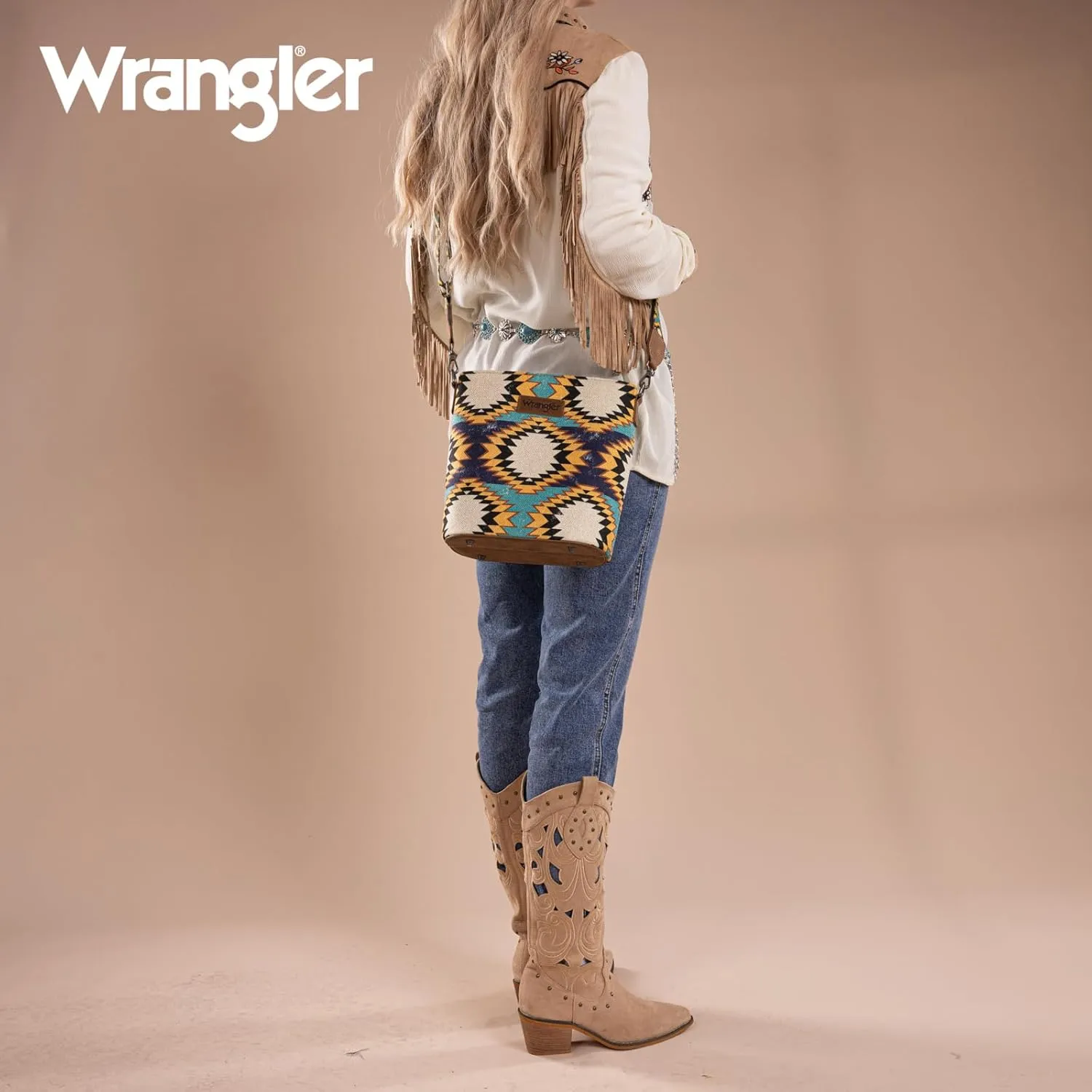 Wrangler Aztec Crossbody Bag for Women Southwestern Print Canvas Shoulder Purse with Distressed Look and Adjustable Strap
