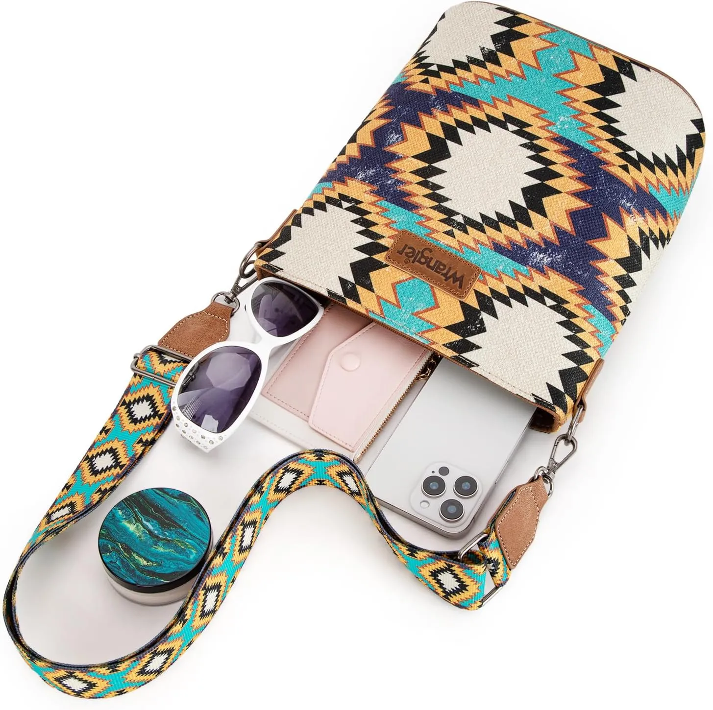 Wrangler Aztec Crossbody Bag for Women Southwestern Print Canvas Shoulder Purse with Distressed Look and Adjustable Strap