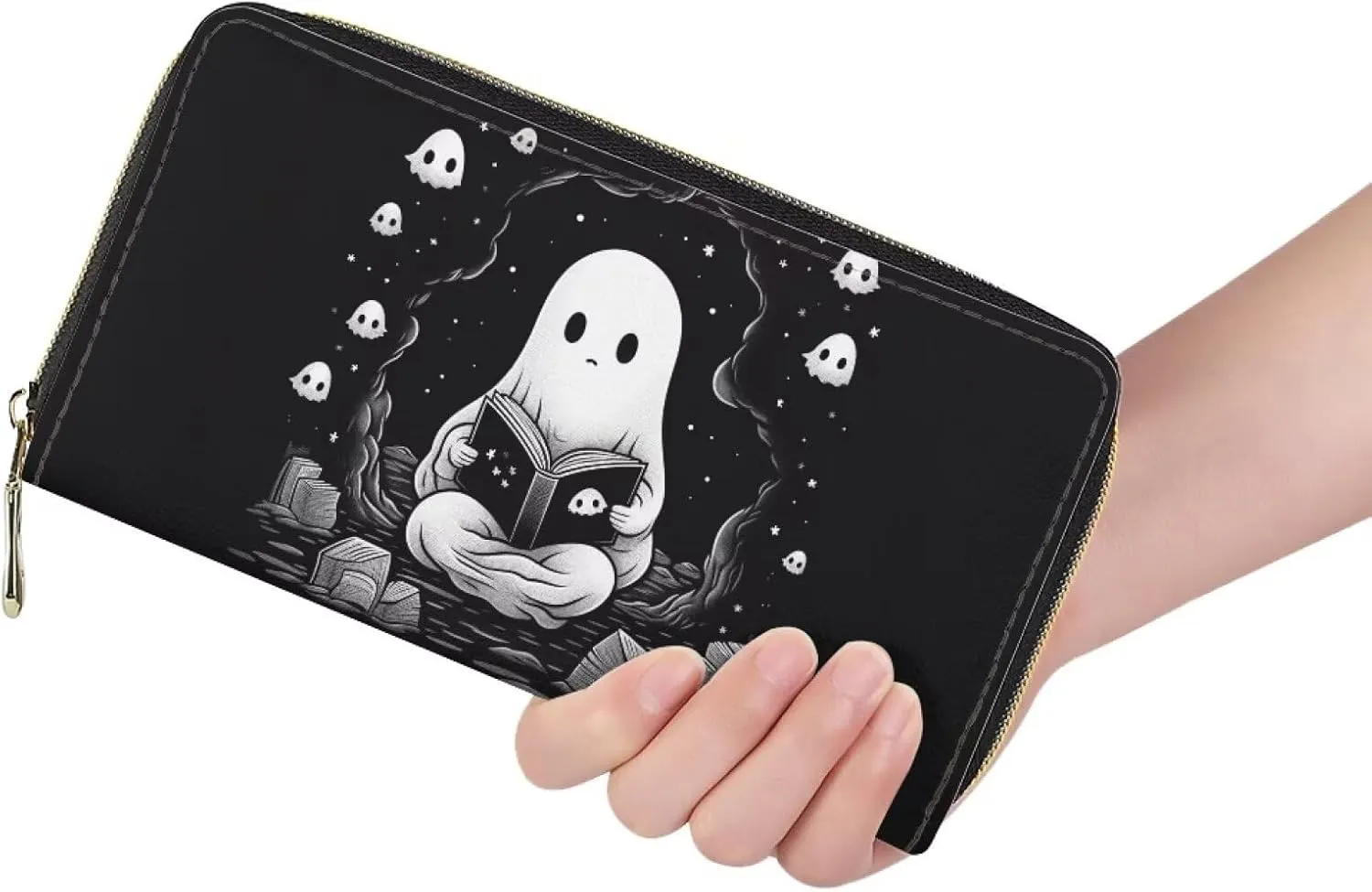 Xhuibop Halloween Cute Ghost Women Wallets Rfid Blocking Teen Girls Holiday Gifts Long Wallet with Zipper Leather Cash Storage Largge Capacity Card Holder Ladies Clutch Purse