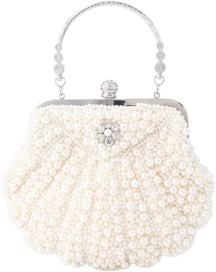XINNI Women Shell Shape Pearl Rhinestone Purse Clutch Handbag for Cocktail Evening Party