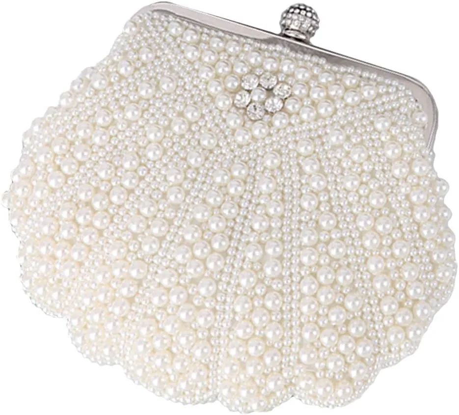 XINNI Women Shell Shape Pearl Rhinestone Purse Clutch Handbag for Cocktail Evening Party