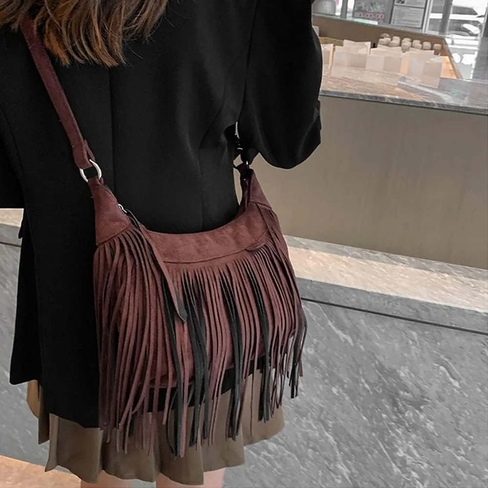 XXGJOALD-Fringe Crossbody Bag for Women Vintage Suede Hobo Purse Handbags Shoulder Bag Bohemian Messenger Bags Zip Satchel