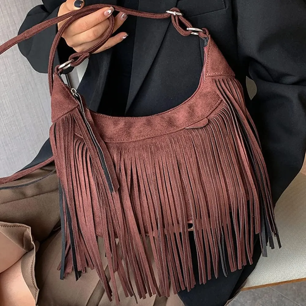 XXGJOALD-Fringe Crossbody Bag for Women Vintage Suede Hobo Purse Handbags Shoulder Bag Bohemian Messenger Bags Zip Satchel