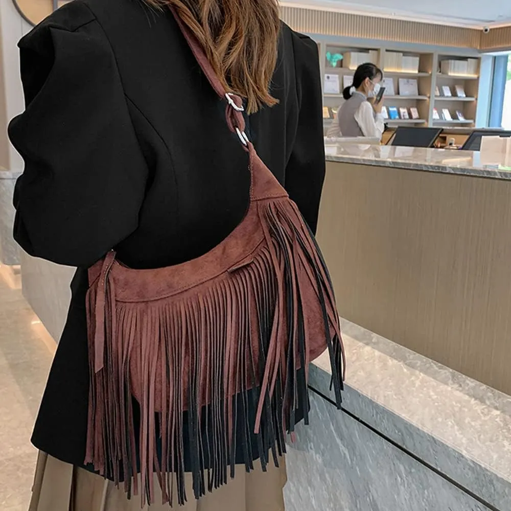 XXGJOALD-Fringe Crossbody Bag for Women Vintage Suede Hobo Purse Handbags Shoulder Bag Bohemian Messenger Bags Zip Satchel