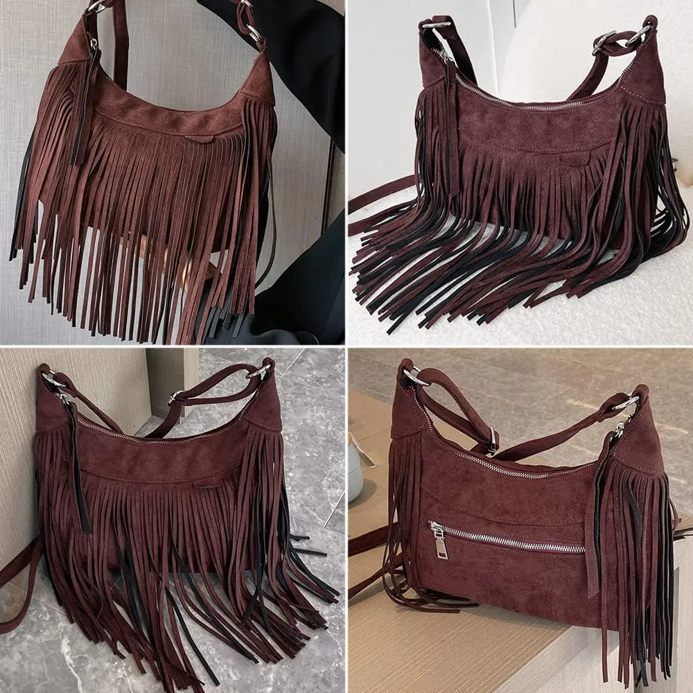 XXGJOALD-Fringe Crossbody Bag for Women Vintage Suede Hobo Purse Handbags Shoulder Bag Bohemian Messenger Bags Zip Satchel