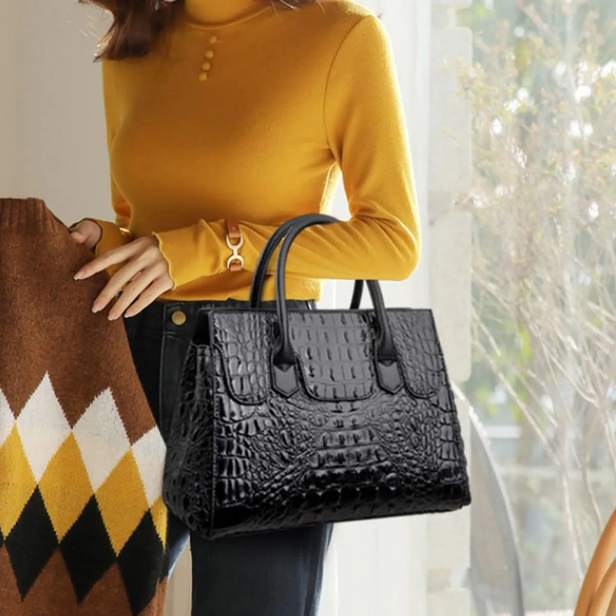 XXGJOALD-Women Satchel Bag PU Leather Crocodile-Embossed Pattern With Top Handle Shoulder Bags Handbags Fashion Purses Totes