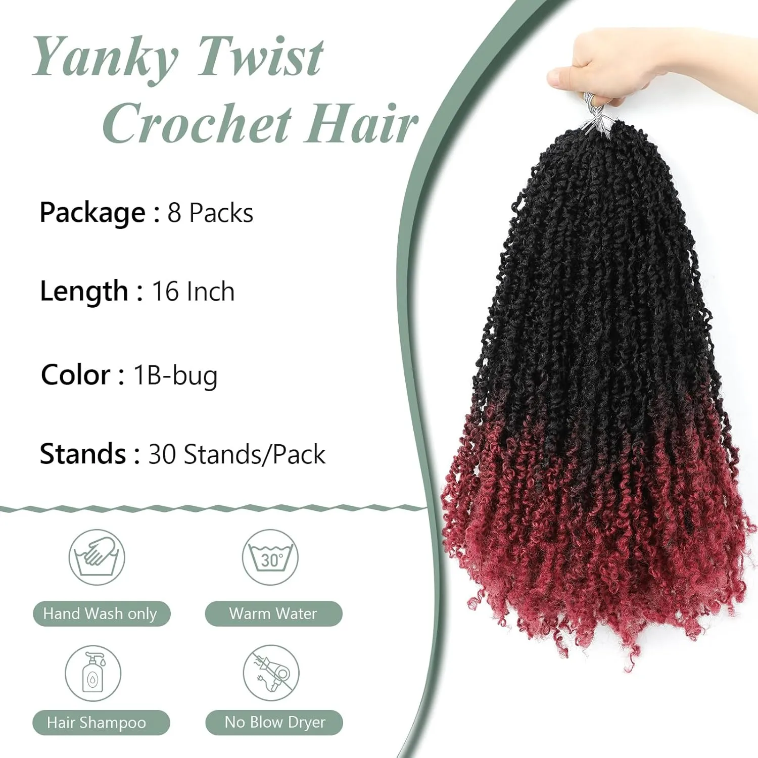Yanky Twist Crochet Hair 16 Inch 8 Packs Crochet Yanky Twist Hair Spring Mini Twist Hair Extensions 1B/Bug Bohemian Passion Twists Braiding Hair for Black Women