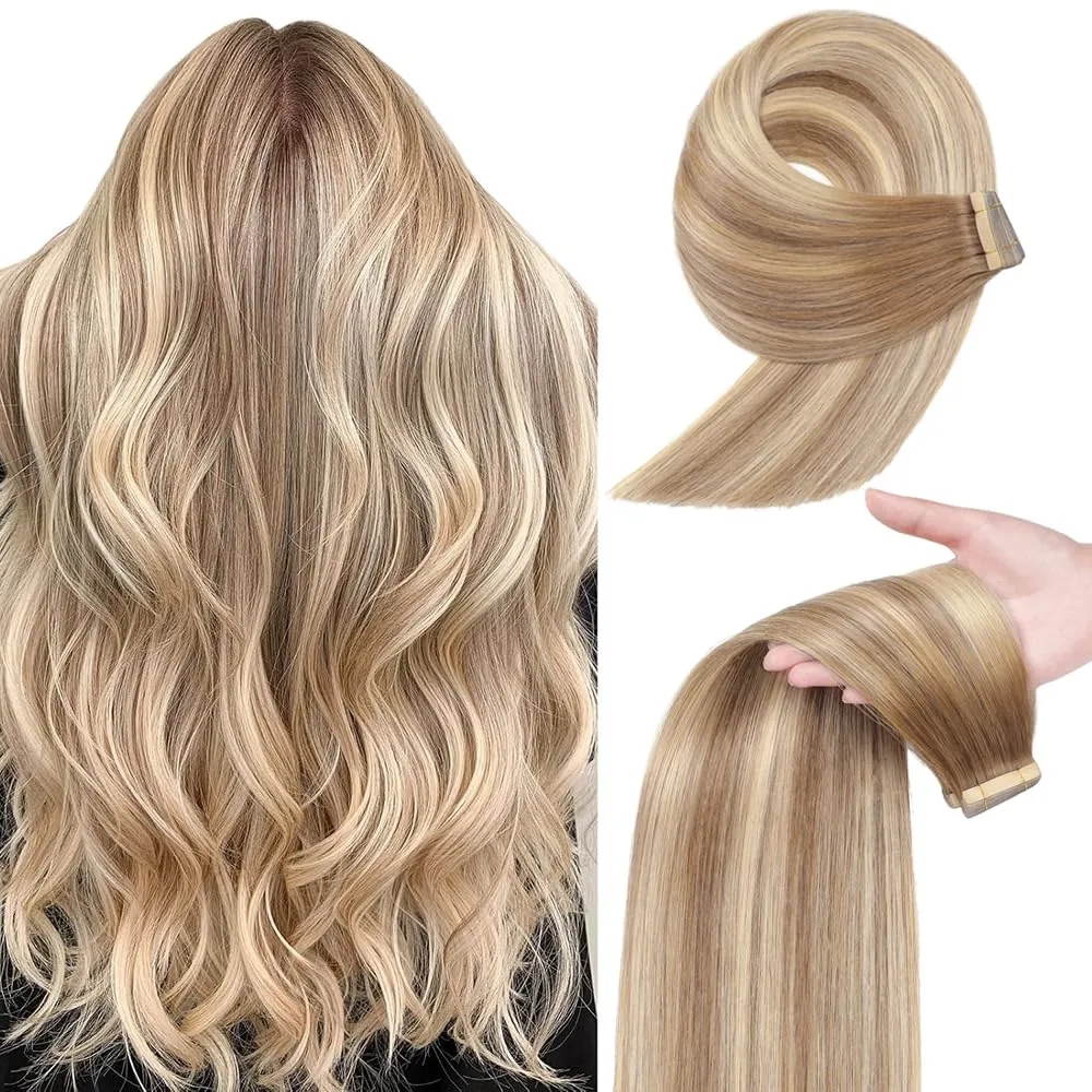 YDDM 18 Inch Tape in Hair Extensions, Balayage Gold Brown Mixed Dark Blonde 100% Remy Human 20pcs Straight Seamless Invisible Tape in Hair Extensions Human Hair(10/10/22#, 18 Inch)