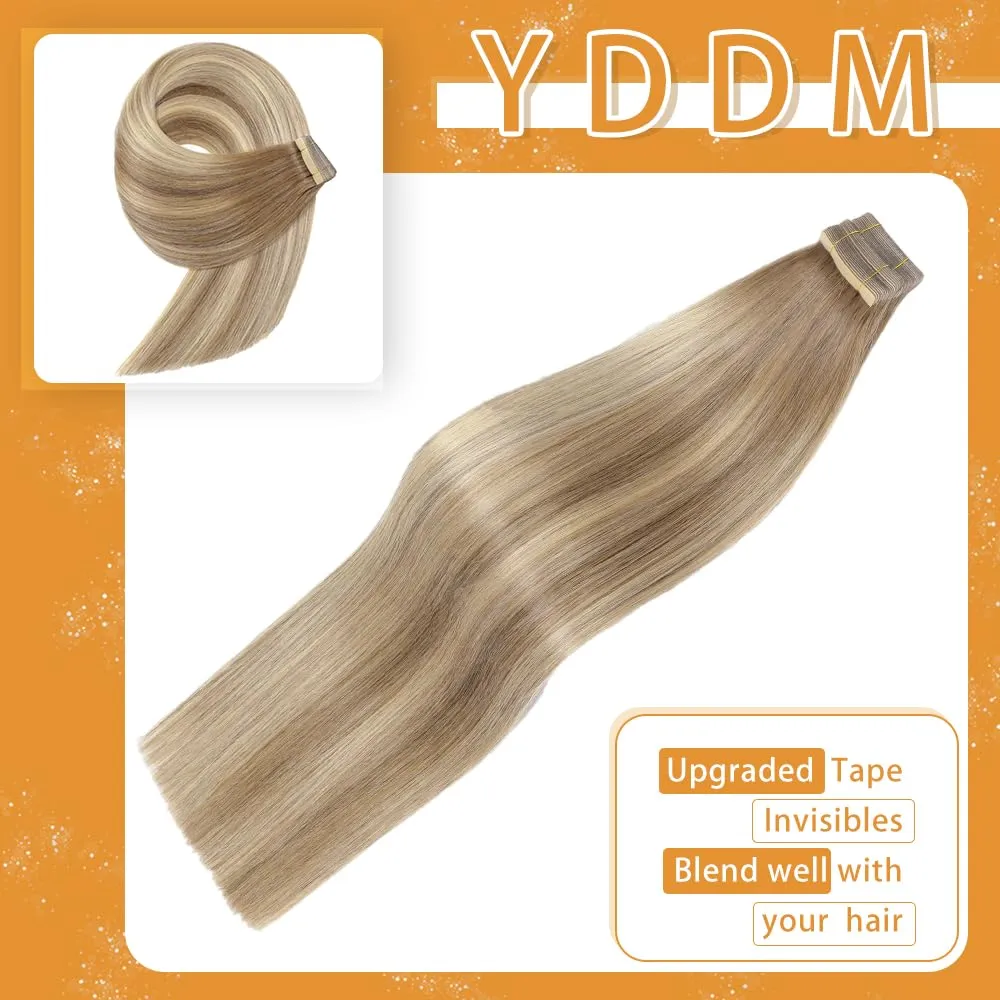 YDDM 18 Inch Tape in Hair Extensions, Balayage Gold Brown Mixed Dark Blonde 100% Remy Human 20pcs Straight Seamless Invisible Tape in Hair Extensions Human Hair(10/10/22#, 18 Inch)