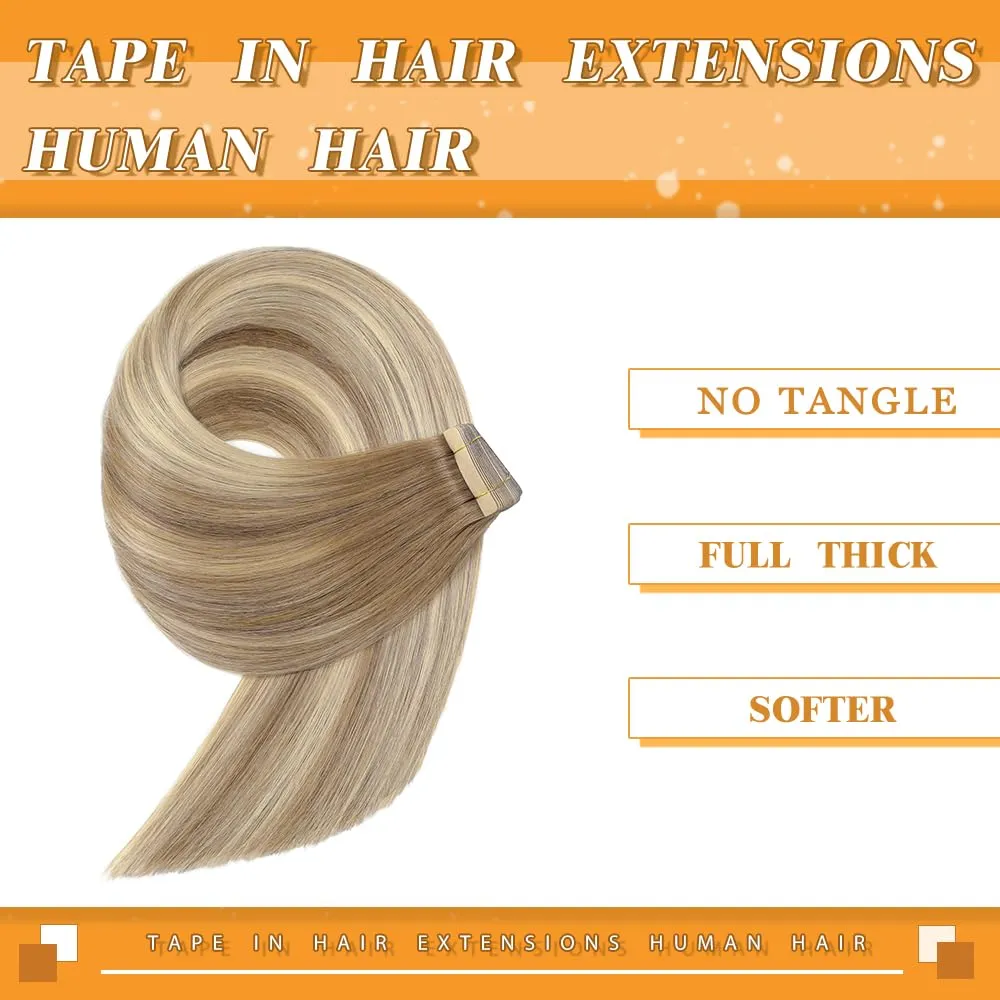 YDDM 18 Inch Tape in Hair Extensions, Balayage Gold Brown Mixed Dark Blonde 100% Remy Human 20pcs Straight Seamless Invisible Tape in Hair Extensions Human Hair(10/10/22#, 18 Inch)