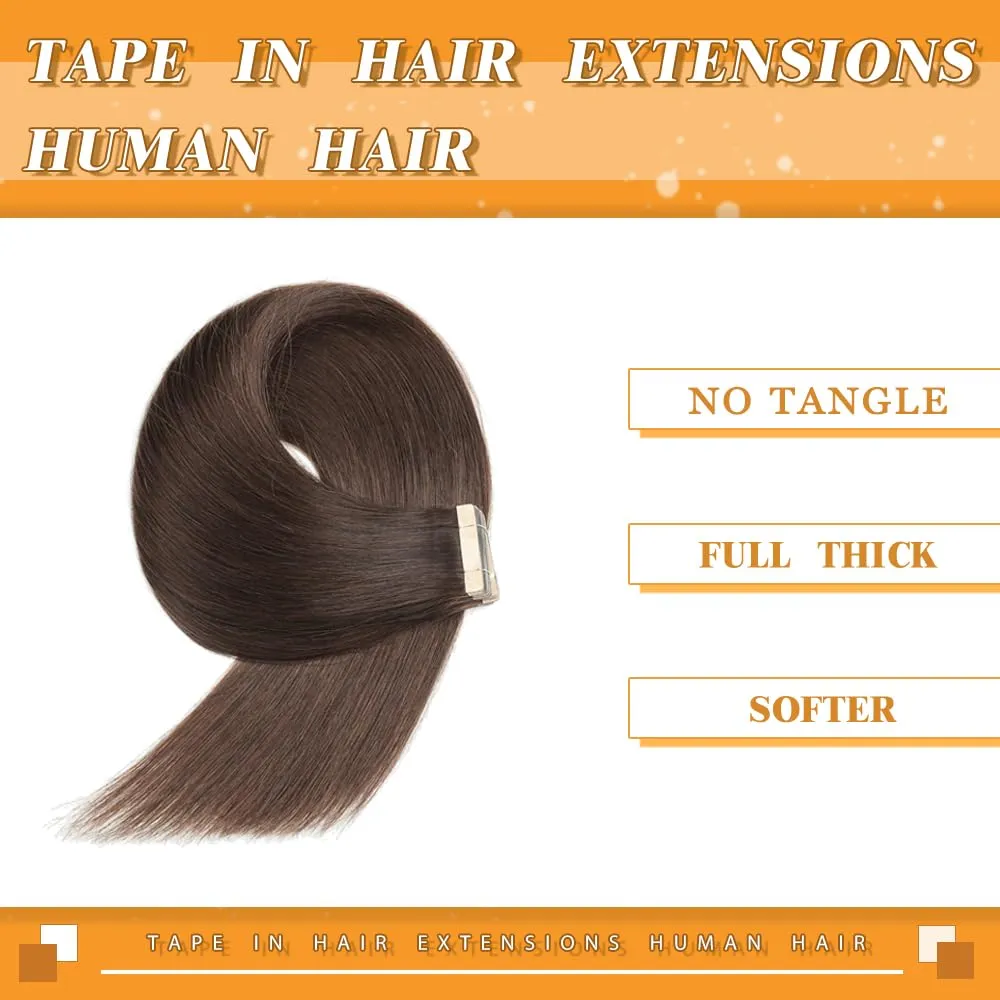 YDDM Dark Brown Tape in Hair Extensions Human Hair 18 Inch 20pcs 100% Remy Human Hair Straight Seamless Invisible Tape in Hair Extensions(2#, 18 Inch)