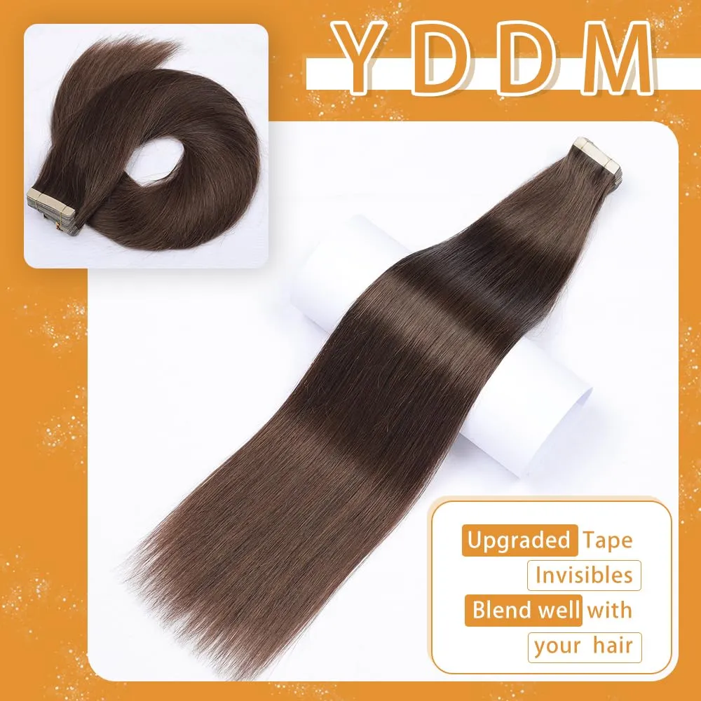 YDDM Dark Brown Tape in Hair Extensions Human Hair 18 Inch 20pcs 100% Remy Human Hair Straight Seamless Invisible Tape in Hair Extensions(2#, 18 Inch)