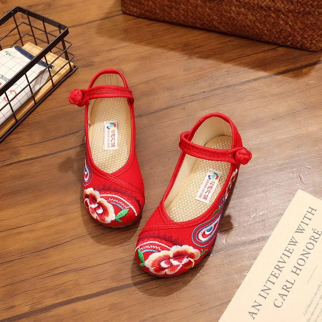 YIBLBOX Girls Chinese Traditional Flower Embroidered Oxfords Shoes Dancing Ballet Canvas Loafers Mary Jane
