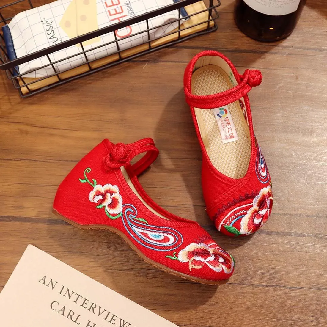 YIBLBOX Girls Chinese Traditional Flower Embroidered Oxfords Shoes Dancing Ballet Canvas Loafers Mary Jane