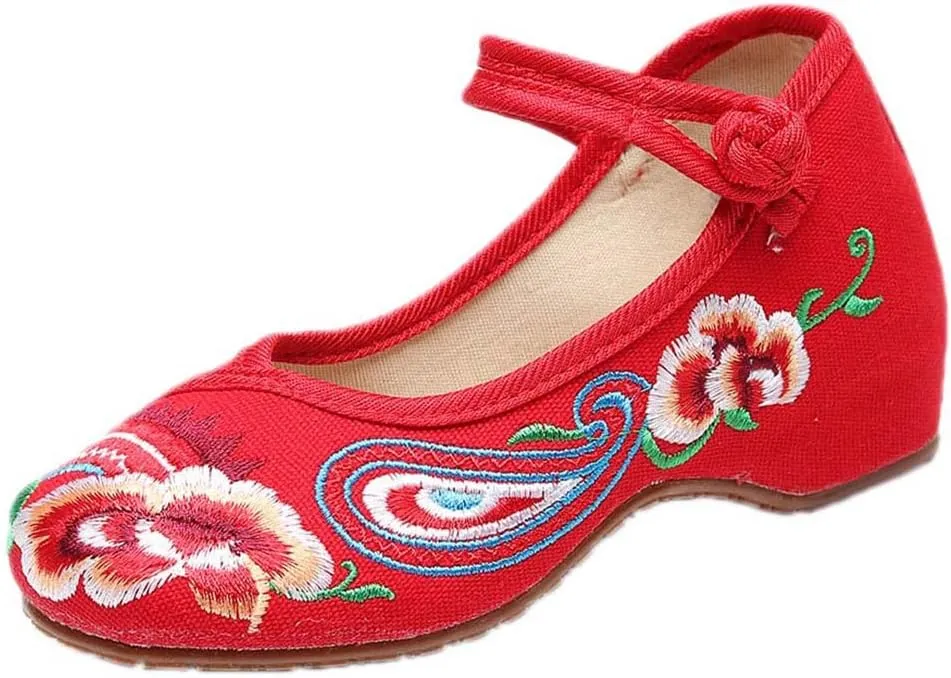 YIBLBOX Girls Chinese Traditional Flower Embroidered Oxfords Shoes Dancing Ballet Canvas Loafers Mary Jane