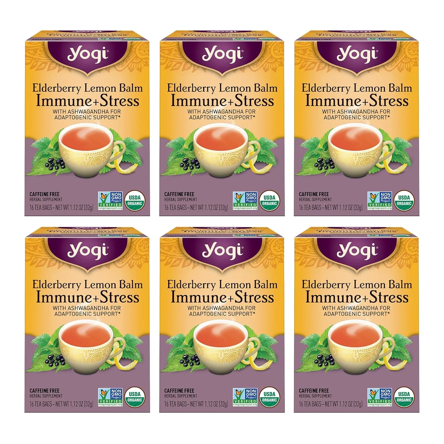 Yogi Organic Elderberry Lemon Balm Immune   Stress Herbal Tea, Caffeine Free, 16 Bags (Pack Of 6)