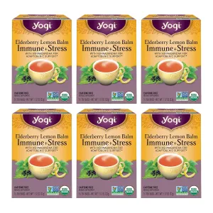 Yogi Organic Elderberry Lemon Balm Immune   Stress Herbal Tea, Caffeine Free, 16 Bags (Pack Of 6)