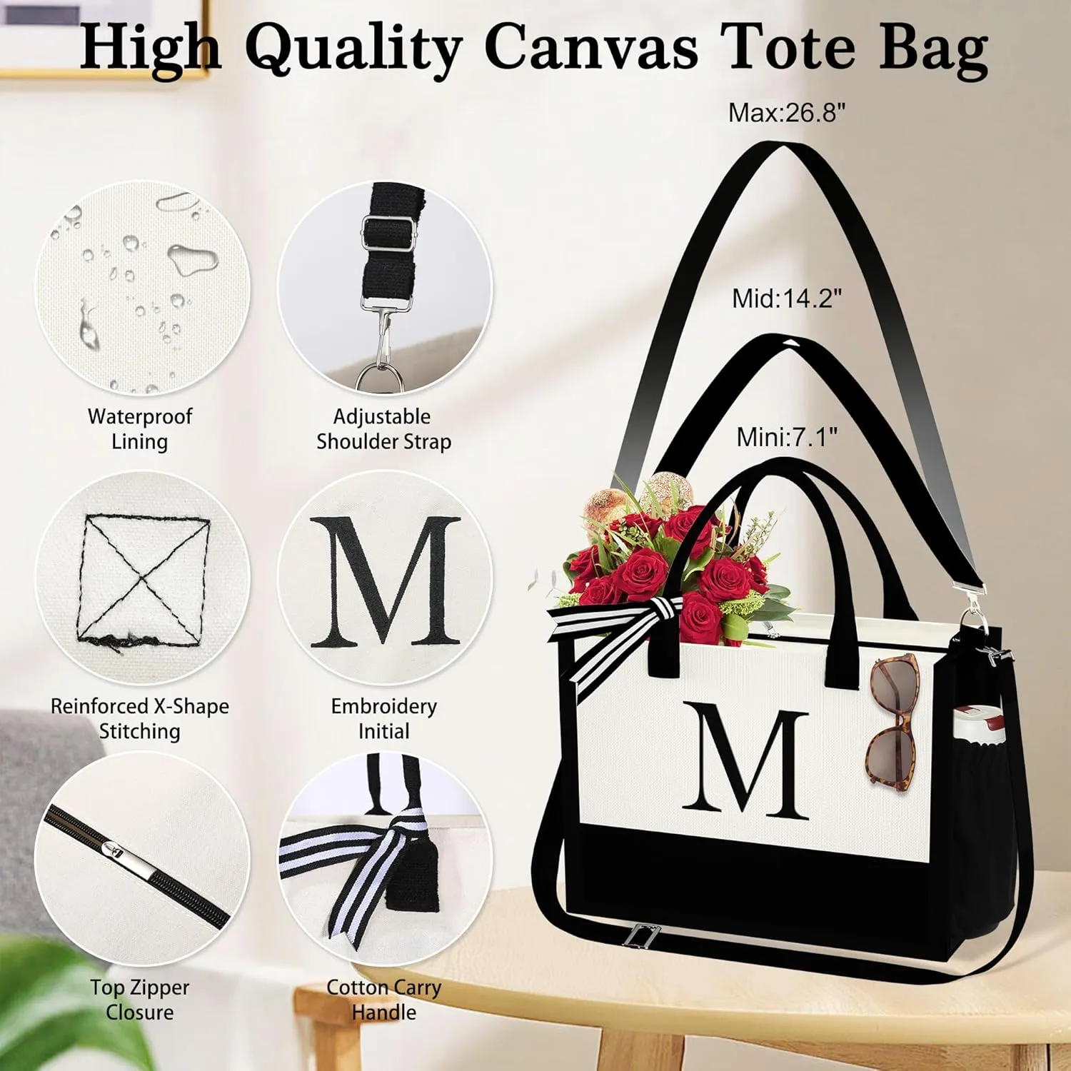 YOOLIFE Initial Canvas Tote Bag & Makeup Bag, Personalized Birthday Gifts for Women Mom Daughter Sister Friends Teacher, Bridesmaid Wedding Gifts