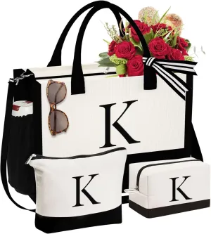 YOOLIFE Initial Canvas Tote Bag & Makeup Bag, Personalized Birthday Gifts for Women Mom Daughter Sister Friends Teacher, Bridesmaid Wedding Gifts