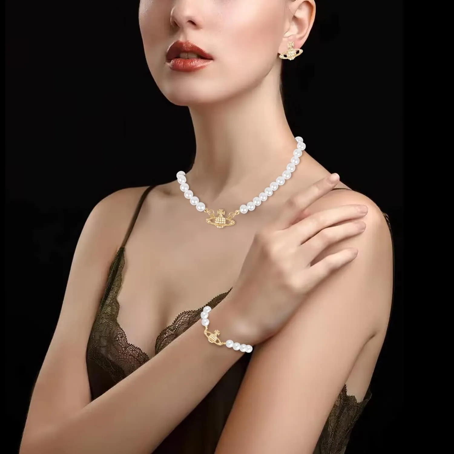 Yunison Pearl Saturn Necklace Rhinestone Pendant Planet Choker Retro Jewelry for Women Birthday Party Anniversary