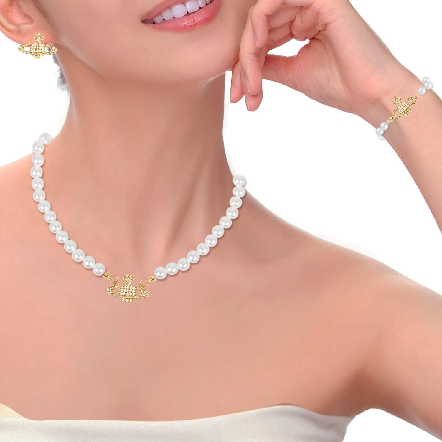 Yunison Pearl Saturn Necklace Rhinestone Pendant Planet Choker Retro Jewelry for Women Birthday Party Anniversary