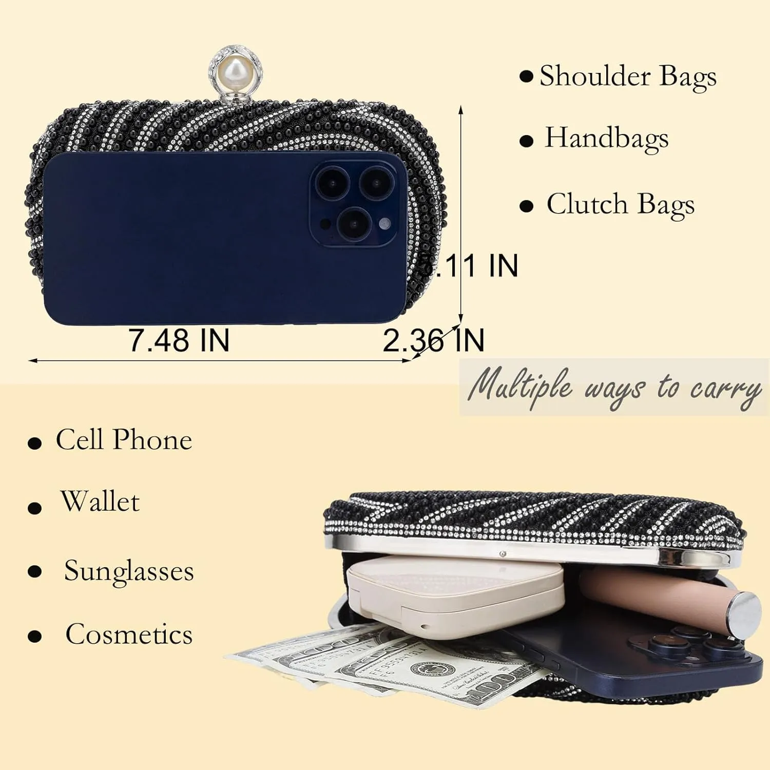 YYW Womens Pearl Clutch Purse Evening Handbags Beaded Bag for Wedding Bride Party with Chain