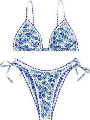 ZAFUL Women's Swimsuits Boho Floral Print String Thong Bikini Set Sexy High Cut Swimwear Bathing Suit