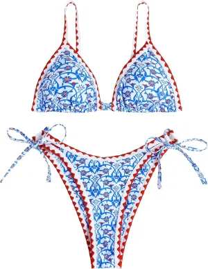 ZAFUL Women's Swimsuits Boho Floral Print String Thong Bikini Set Sexy High Cut Swimwear Bathing Suit