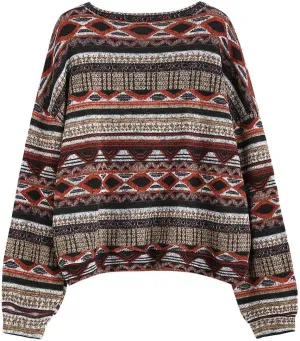 ZAFUL Women's Tribal Ethnic Graphic Cropped Knitwear Bohemian Long Sleeve Pullover Sweater Boho Drop Shoulder Knitted Top
